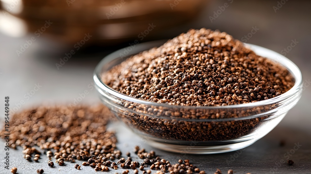 Closeup of Brown Peppercorns in Glass Bowl, Spice Closeup of Brown Peppercorns in Glass Bowl, Spice