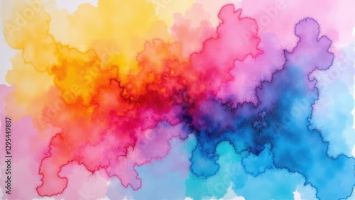 A vibrant watercolor painting with a blend of yellow, pink, red, and blue hues creating an abstract pattern.