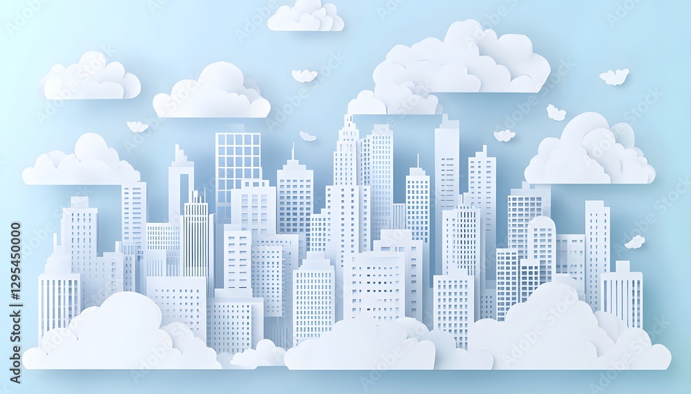 Obraz premium White paper cityscape with fluffy clouds in a blue sky