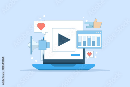 Social media video ad concept, Brand promotion on social media, Content advertising, Social media ad analysis. Content marketing strategy, Marketing analysis. Vector illustration.