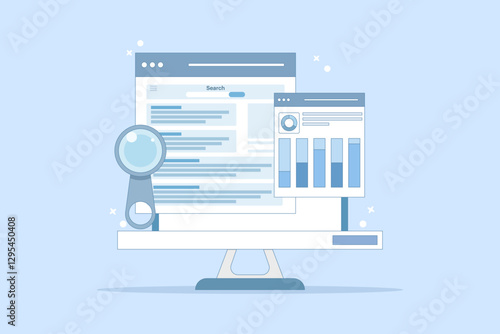 search engine data analysis concept, SEO tools, SEO software, digital marketing analysis report. Data analysis and optimization for SEO, marketing research. flat vector illustration on background.