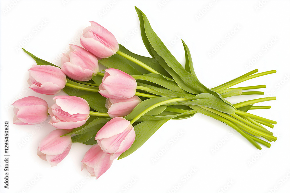 Obraz premium Beautiful bouquet of pink tulips arranged elegantly on white background for special occasions
