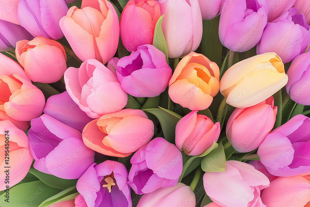 Obraz premium Brightly colored tulips fill the frame with hues of pink, purple, and yellow in a vibrant floral arrangement