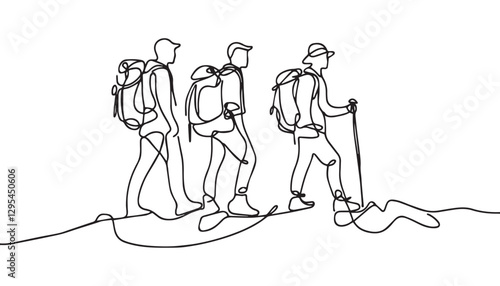 Continuous one single minimal line drawing hiking 