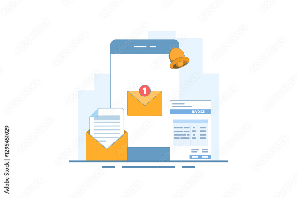 Payment reminder message notification concept. Payment reminder alarm message notification on smartphone screen with invoice email letter. Flat vector illustration on background. Payment reminder message notification concept. Payment reminder alarm message notification on smartphone screen with invoice email letter. Flat vector illustration on background.