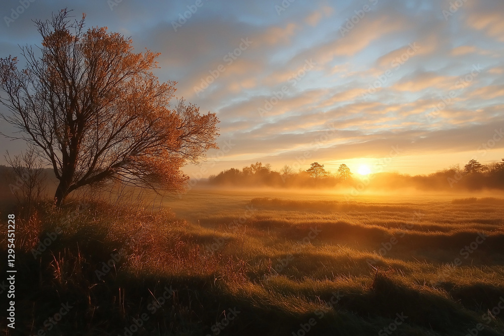 Misty sunrise over a tranquil meadow with colorful autumn foliage near a gentle tree Misty sunrise over a tranquil meadow with colorful autumn foliage near a gentle tree
