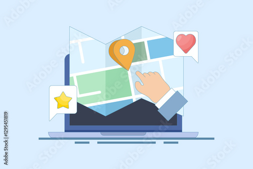 Map application concept, View map on laptop, Map software for exact location, Search engine map, Search location on map. GPS navigation, route movement and location search. Flat vector illustration.