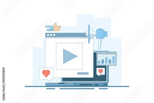 Social media video ad concept, Brand promotion on social media, Content advertising, Social media ad analysis. Content marketing strategy, Marketing analysis. Vector illustration.