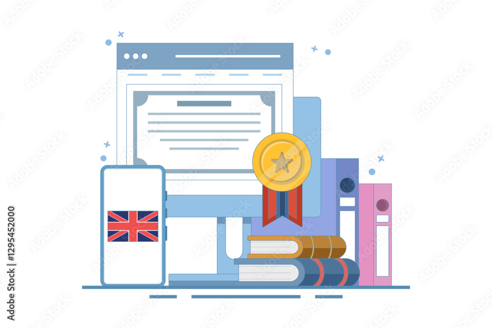Online English language education course concept, PC computer with certificate frame, books, smartphone, translation, Language translation, digital marketing. Illustration on isolated background. Online English language education course concept, PC computer with certificate frame, books, smartphone, translation, Language translation, digital marketing. Illustration on isolated background.