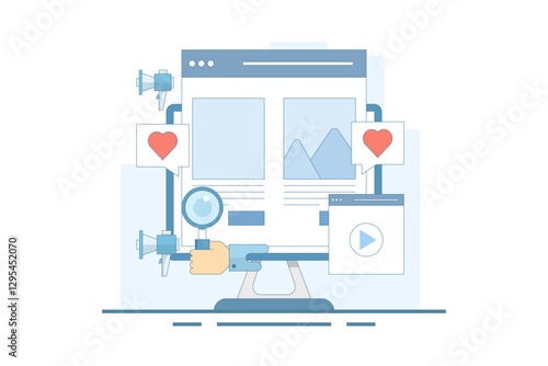 Website Marketing Concept, Digital marketing strategy, Promoting website in search engines and social media, SEO, Social media marketing, flat vector illustration on background.