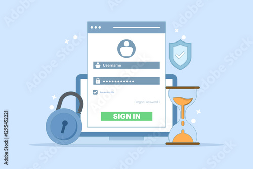 Secure session login username concept, password padlock, computer protection. data protection, log in to account, user authorization. login authentication page. flat vector illustration.