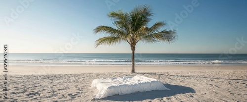 White sheet on beach, palm tree, ocean view
