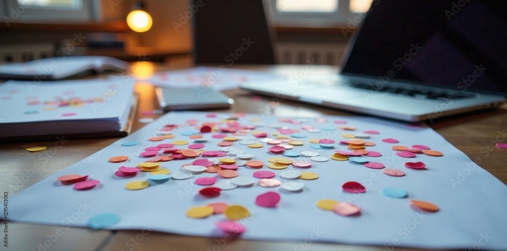 Fototapeta premium Confetti scattered on a modern table with laptop and papers, creative workspace, modern office decor, paper