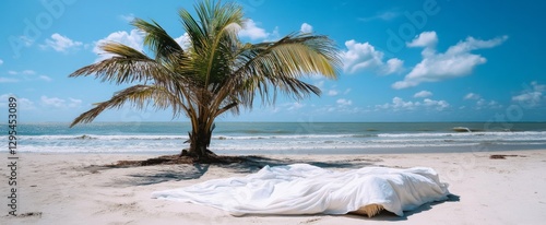 Beach Scene with Palm Tree and White Sheets