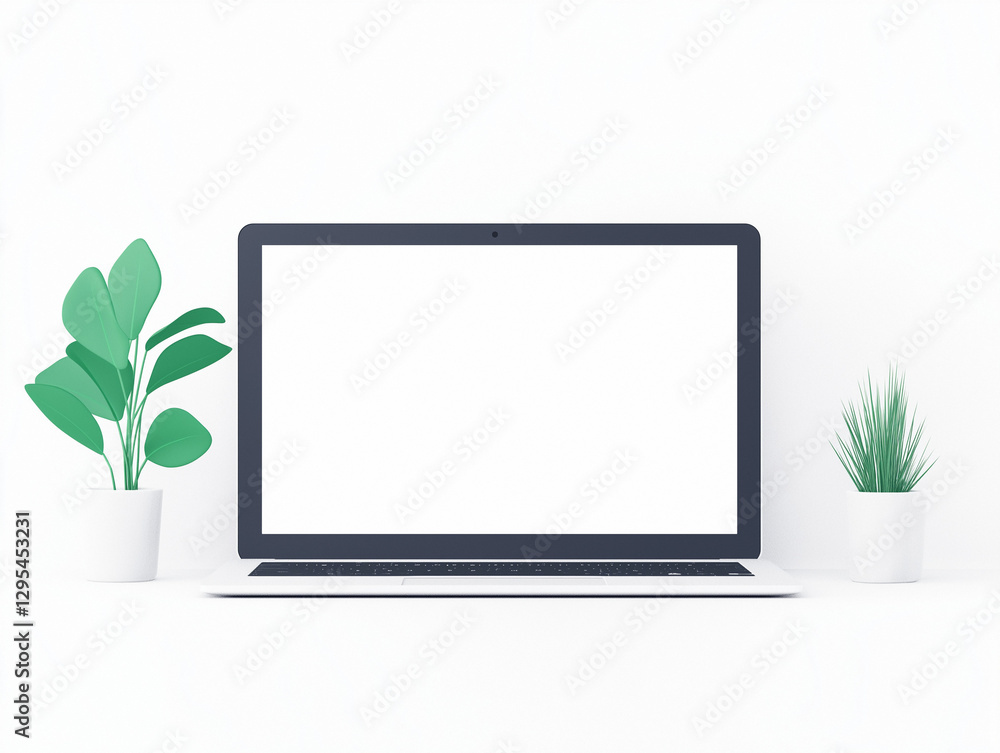 Modern workspace with laptop and potted plants for creative productivity and relaxation Modern workspace with laptop and potted plants for creative productivity and relaxation