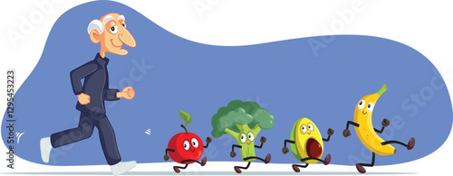 Elderly Man Pursuing a Healthy Lifestyle Vector Illustration Design. Grandpa eating heath doing sports having proper nutrition 
