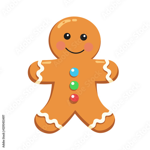 Cheerful gingerbread man cookie with colorful buttons and icing details, smiling sweetly against a white background.