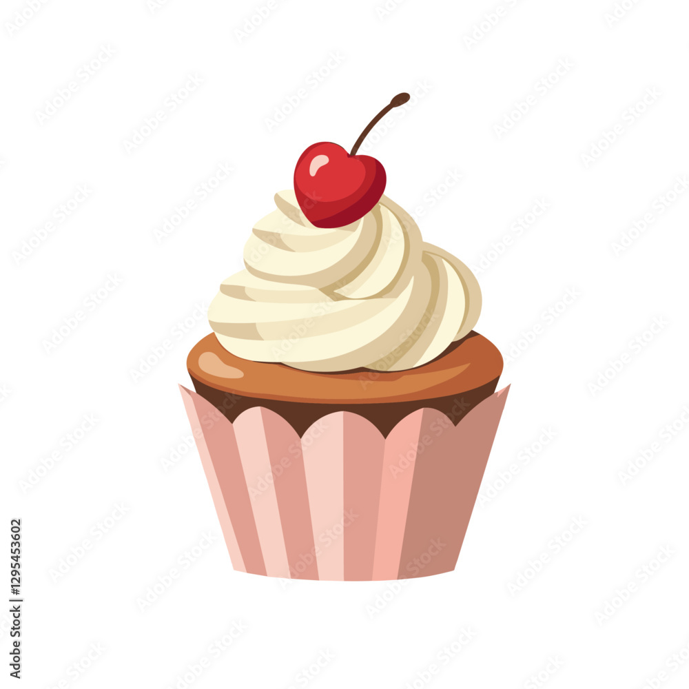 Delightful cupcake with swirled vanilla frosting and cherry on top, illustrated in a charming flat vector style against a white background. Delightful cupcake with swirled vanilla frosting and cherry on top, illustrated in a charming flat vector style against a white background.
