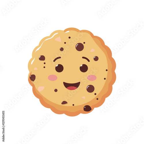 Adorable cartoon chocolate chip cookie with a cheerful smiling face, bringing sweetness and charm to baked goods in a cute vector illustration.