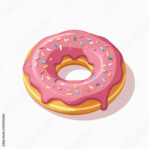 Delicious pink frosted donut with colorful sprinkles, a tempting treat illustrated in a vibrant flat vector style against a white background.