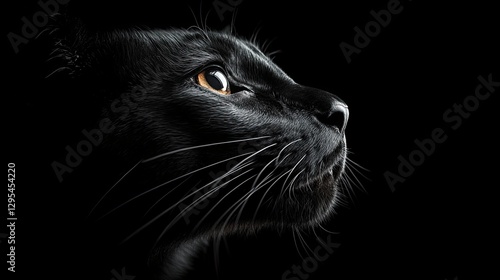 A close-up profile of a black cat, showcasing its striking features and captivating amber eye against a dark background.
