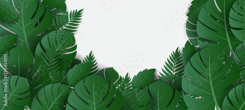 collection of banners set with green tropical leaves on white,yellow, pink background. Exotic leaves poster frame  botanical design for cosmetics, spa, perfume, beauty salon, florist shop.