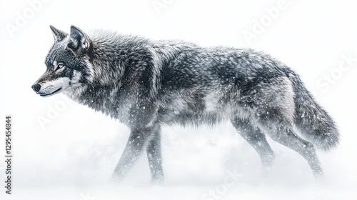 A majestic wolf trudges through a snowy landscape, embodying the spirit of wildlife in winter conditions. photo