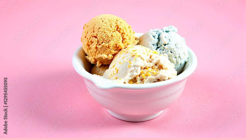 A cold, sweet bowl of vanilla and strawberry ice cream scoops, a delicious frozen dessert A cold, sweet bowl of vanilla and strawberry ice cream scoops, a delicious frozen dessert