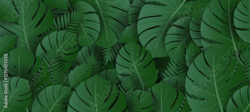 collection of banners set with green tropical leaves on white,yellow, pink background. Exotic leaves poster frame  botanical design for cosmetics, spa, perfume, beauty salon, florist shop.