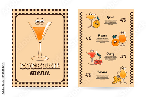 Retro groovy character summer drinks. Cocktail menu with cute beverage in glasses and fruits. Vector illustration for bar, pub, cafe, club, restaurant