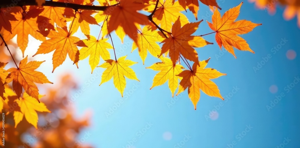 Golden leaves fall from a maple tree against a blue autumn sky, leaves, fall, golden Golden leaves fall from a maple tree against a blue autumn sky, leaves, fall, golden