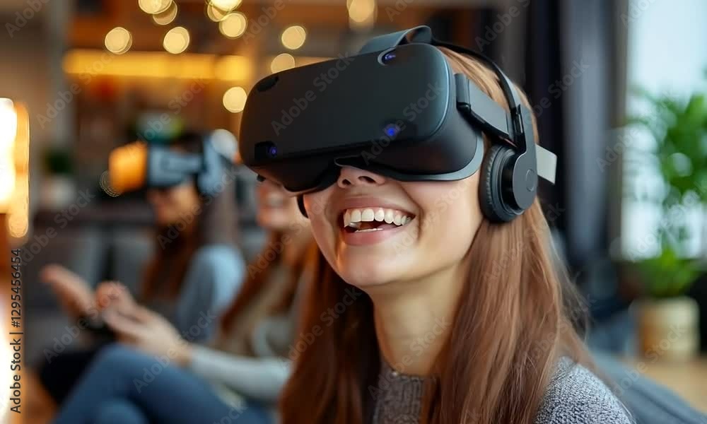 Group of Friends Laughing and Interacting in Virtual Reality Living Room Group of Friends Laughing and Interacting in Virtual Reality Living Room