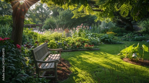 A vibrant summer garden with blooming flowers, lush greenery, and a wooden bench under a shaded tree, with sunlight filtering through the leaves. --ar 169 --v 6.0 -