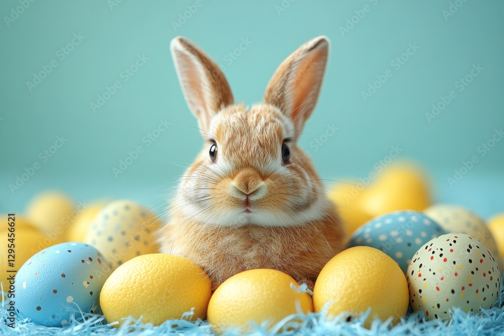 Fototapeta premium Bunny With Colorful Easter Eggs On Blue