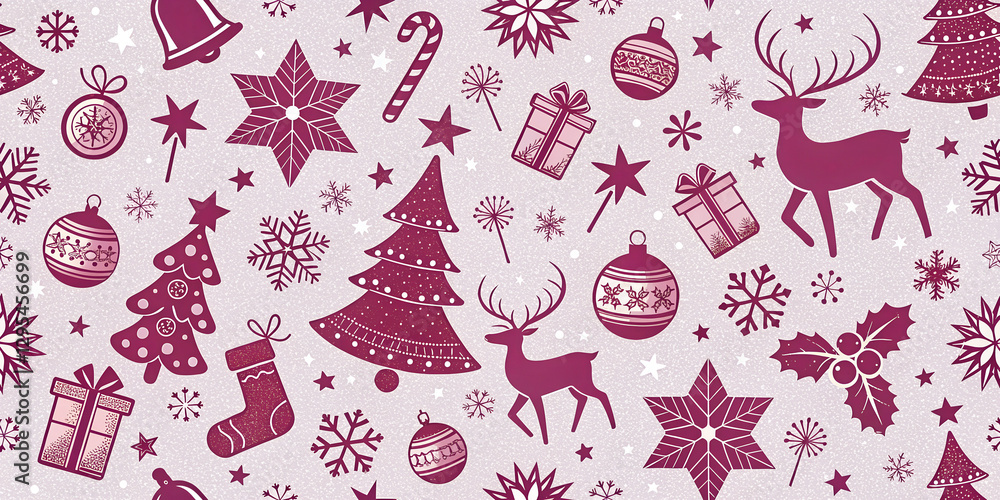 Naklejka premium Festive Christmas Pattern with Purple Background and Holiday Icons for Seasonal Designs