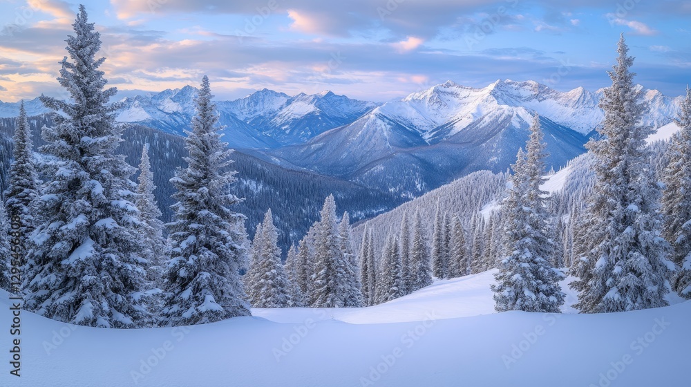 Snowy peaks: Winter mountain range with frost-covered trees panorama Snowy peaks: Winter mountain range with frost-covered trees panorama