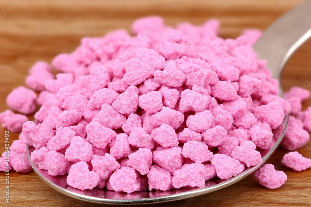 Pink Sugar Sprinkles Are Piled Into A Silver Serving Spoon Pink Sugar Sprinkles Are Piled Into A Silver Serving Spoon