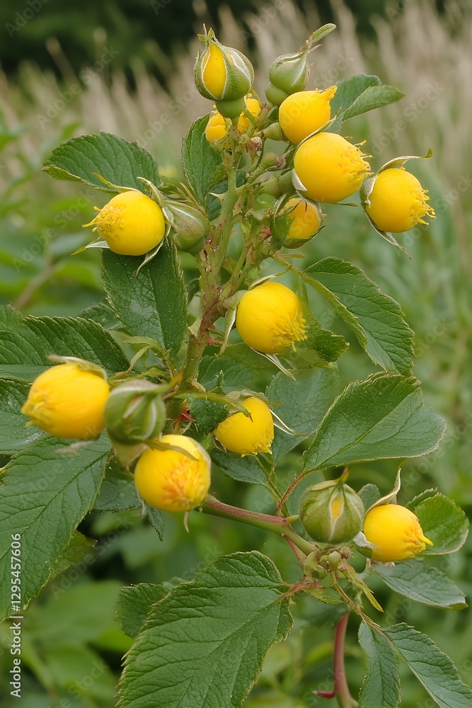 Vibrant Yellow Rose Hip Branch Close Up Photography Vibrant Yellow Rose Hip Branch Close Up Photography