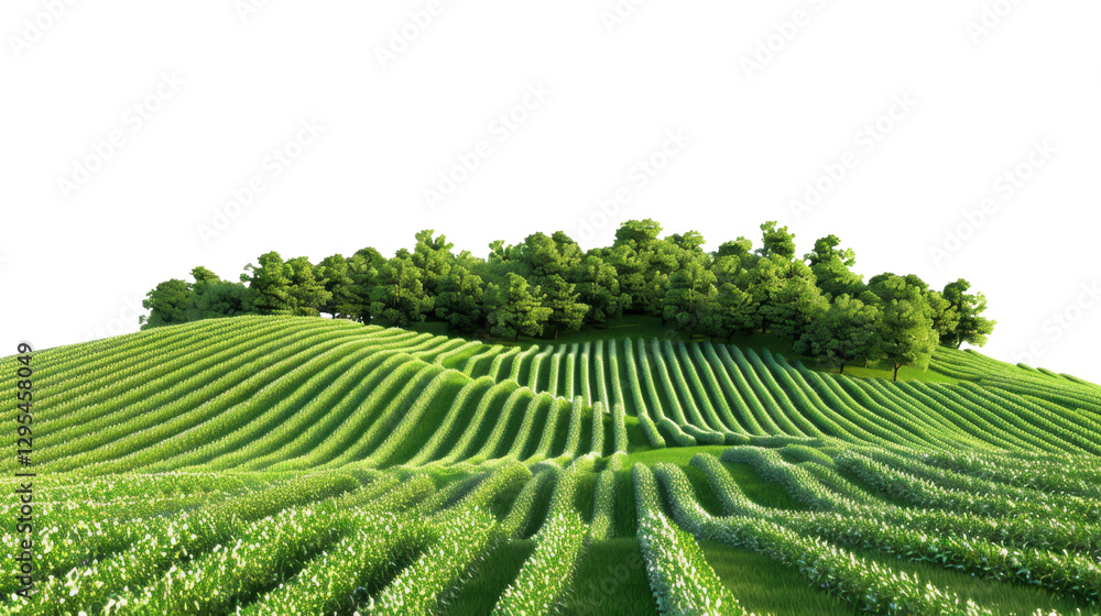 Fototapeta premium Green hills and lush crops growing in cultivated field with transparent background