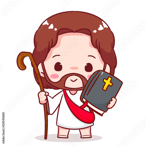 Cute Jesus chibi holding bible cartoon character. Christian Catholic concept design. Vector icon mascot illustration.