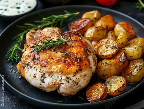 Delicious roasted chicken breast served with roasted potatoes and rosemary