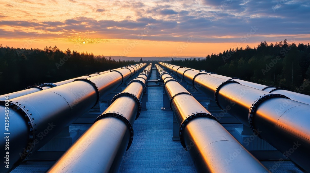 Industrial pipes at sunset in a landscape with trees and sky featuring vibrant colors of nature and engineering beauty Industrial pipes at sunset in a landscape with trees and sky featuring vibrant colors of nature and engineering beauty