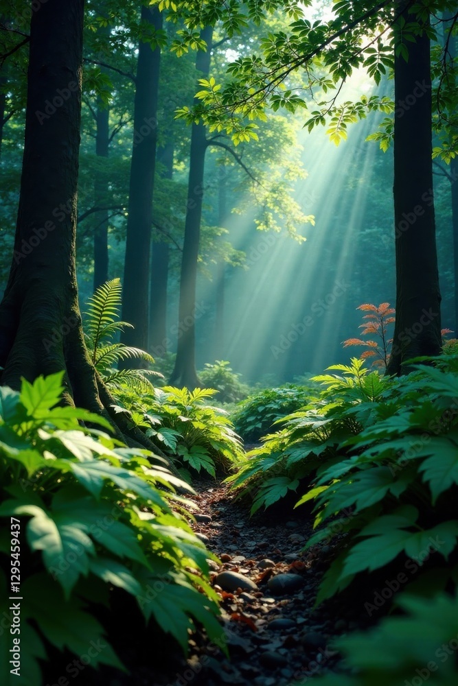 Fototapeta premium Darkly lit forest with giant ferns and leaves , dark forest, ferns, growth