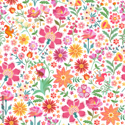 Wallpaper Mural Seamless ditsy floral pattern. Beautiful embroidery flowers on white background. Print for fabric, textile. Torontodigital.ca