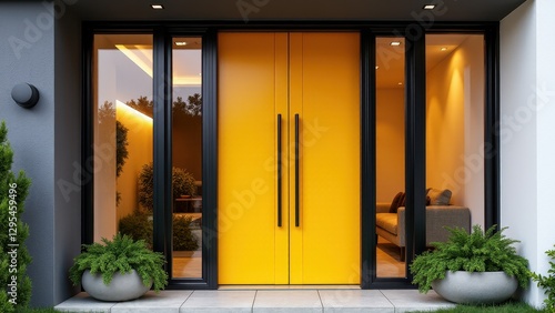 Wallpaper Mural Modern front entry double doors with large glass panels and potted plants on either side. Torontodigital.ca