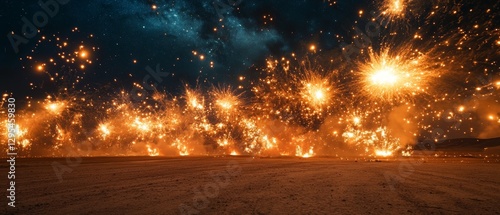 Fiery explosions over desert starry night 