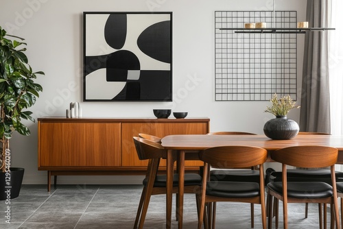 Modern dining room with mid-century wooden furniture and abstract art