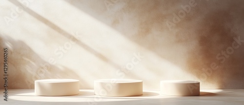 Three Creamy Podiums: Sunlit Stage for Cosmetics 