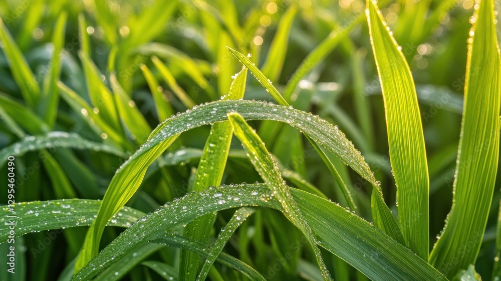 Obraz premium Dew covered green grass glistens in the morning sunlight