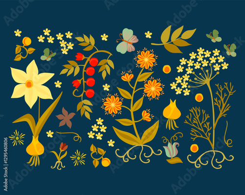 Beautiful pattern with garden flowers and butterflies. Vector drawing